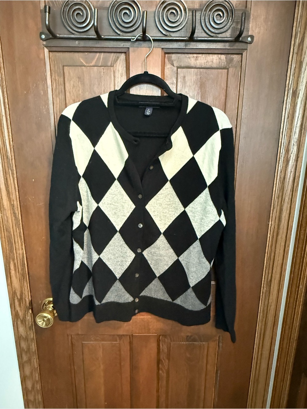 Lands’ End 100% Cashmere Argyle Cardigan Black Gray Large - Picture 2 of 5
